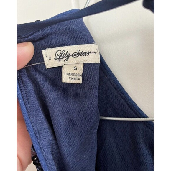 Navy Blue Swirled Pattern Sequined Swing Dress Size Small - Picture 6 of 7